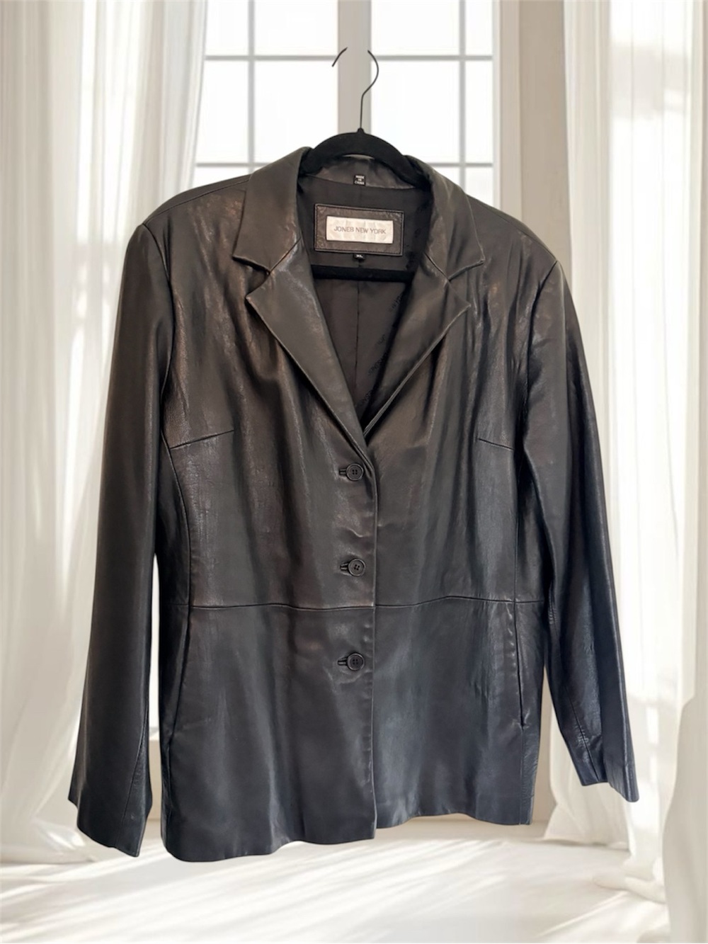 Jones New York Black Leather Button Front Collared Jacket XL
